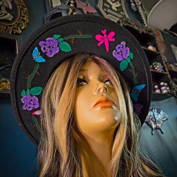 preppy cottage core hand painted fedora hat butterflies roses